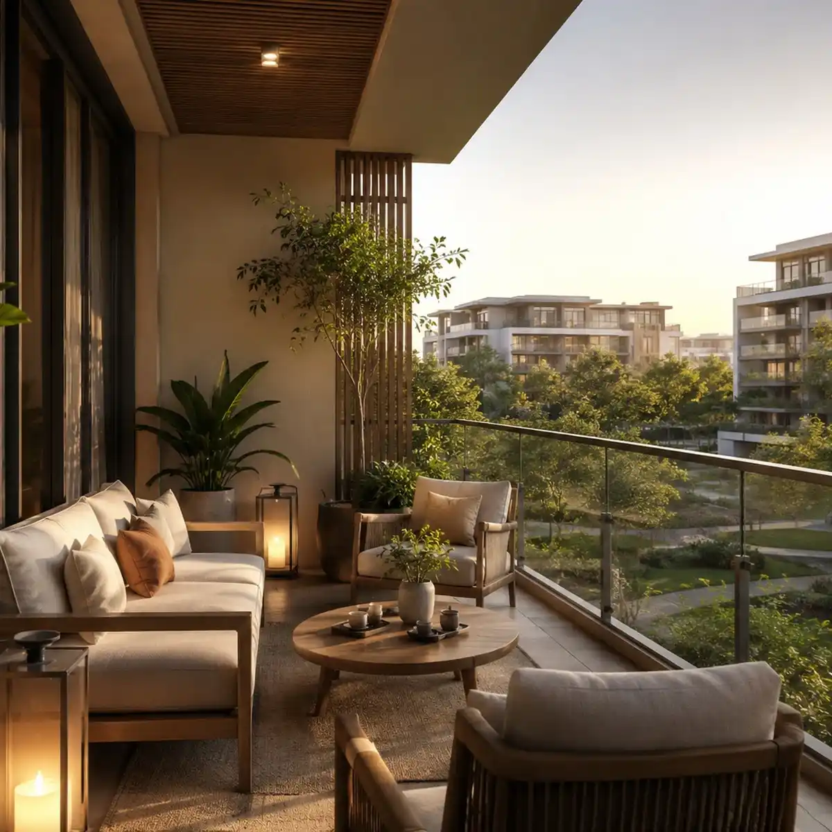 Light-filled balcony overlooking greenery